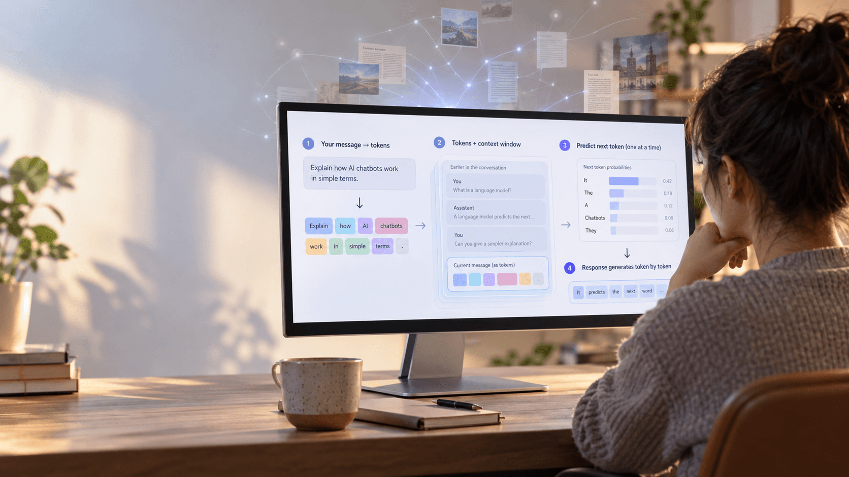 Person using a computer showing how a chatbot turns tokens and context into a predicted response