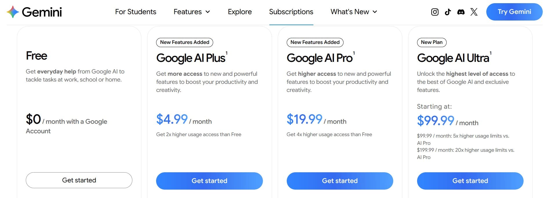 Gemini subscriptions page showing Free, Google AI Plus, Google AI Pro, and Google AI Ultra plan columns