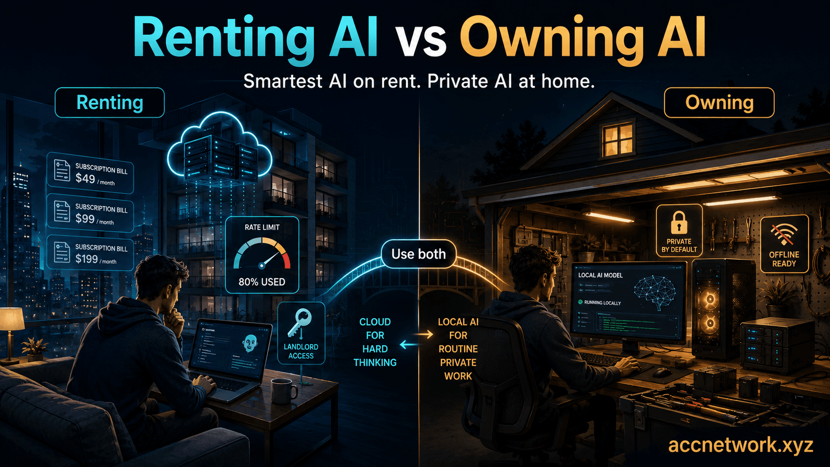 A two-column graphic contrasting renting AI subscriptions with owning a computer that runs AI at home