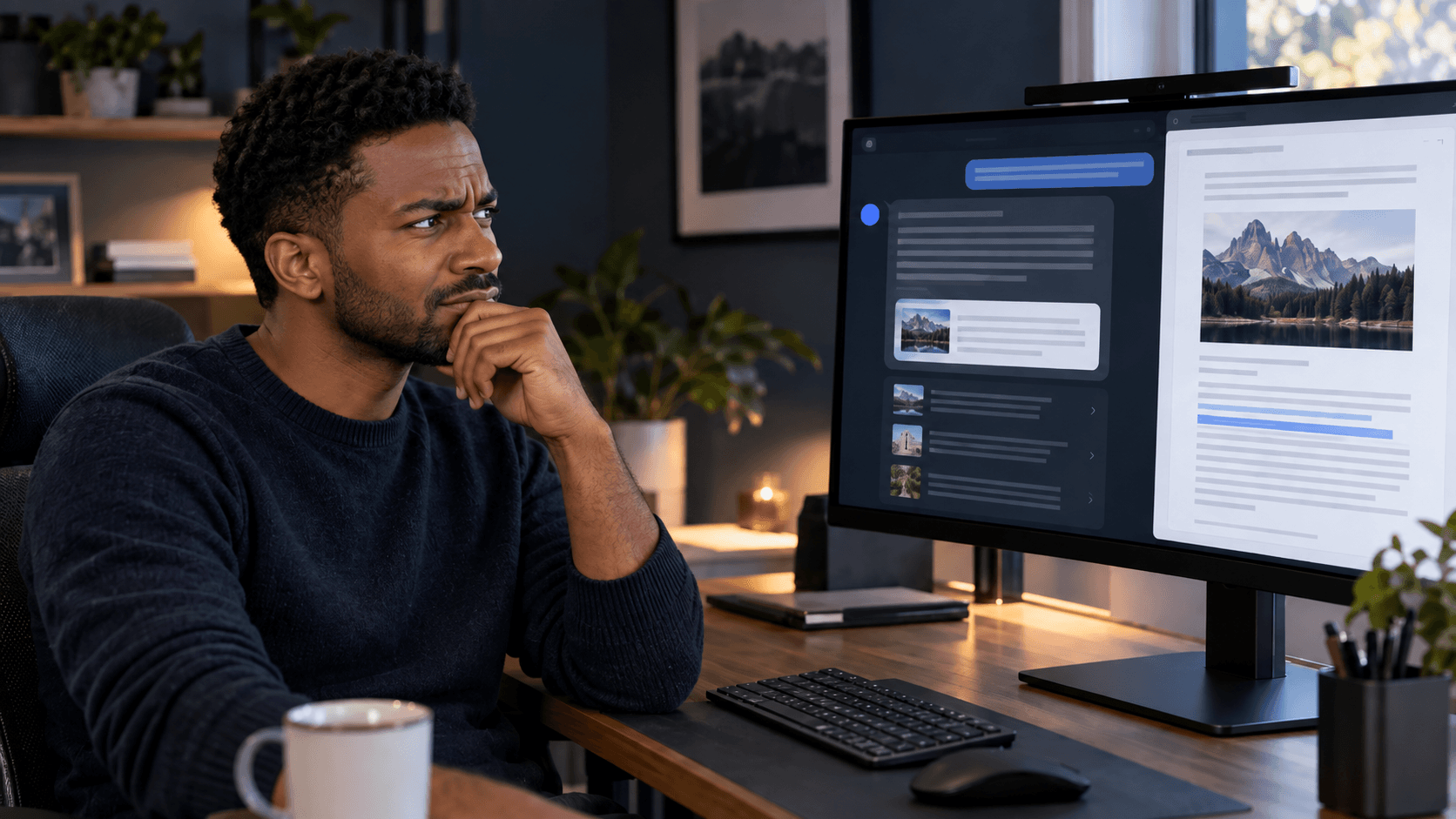 Jay looks skeptical while reviewing an AI chat and a web article side by side on his monitor