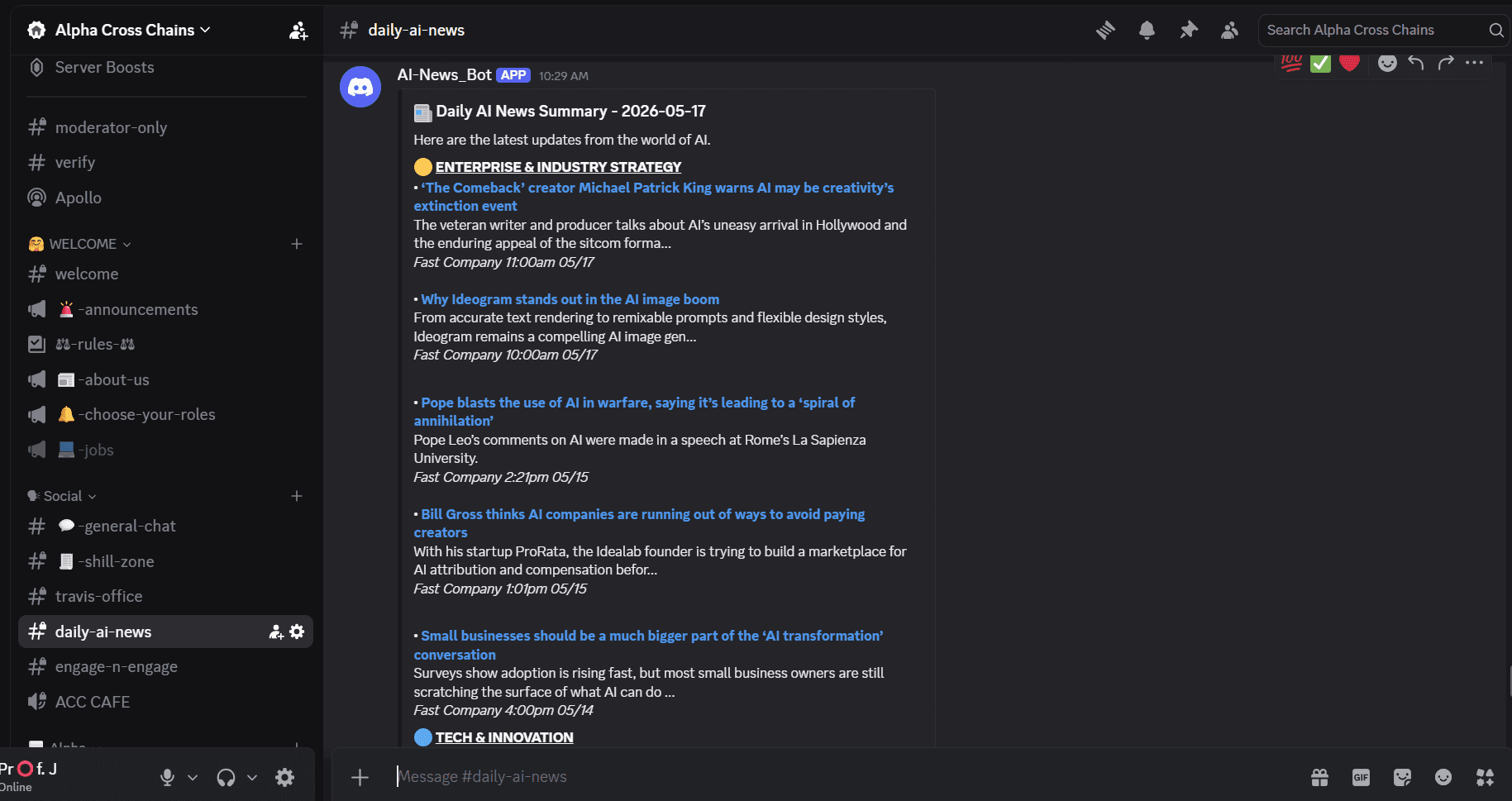 AI News Bot posting the daily AI news summary to Discord, categorized by topic