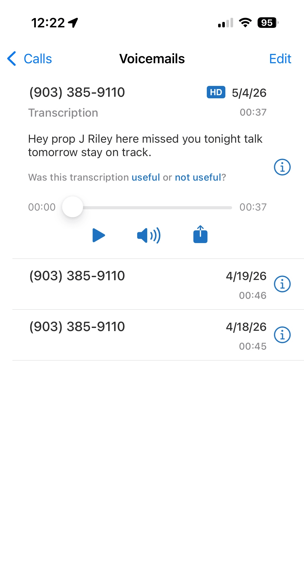 Voicemails from Riley showing repeated check-in calls