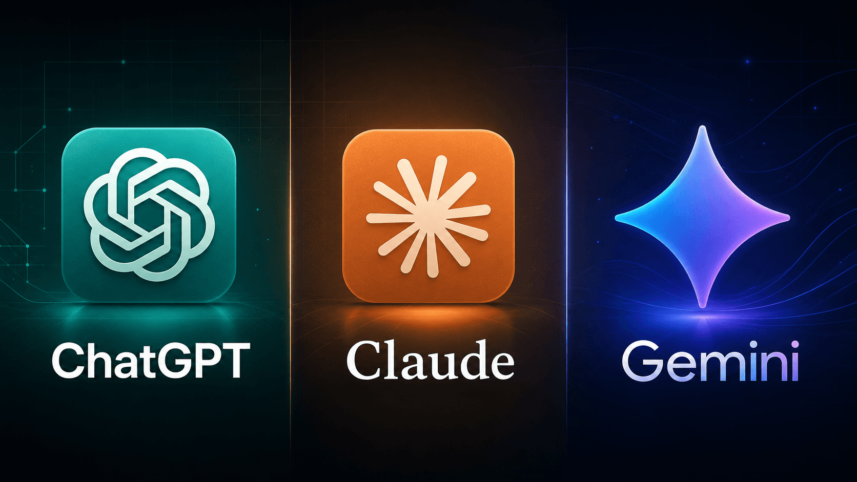 ChatGPT, Claude, and Gemini logos shown side by side on a dark comparison background