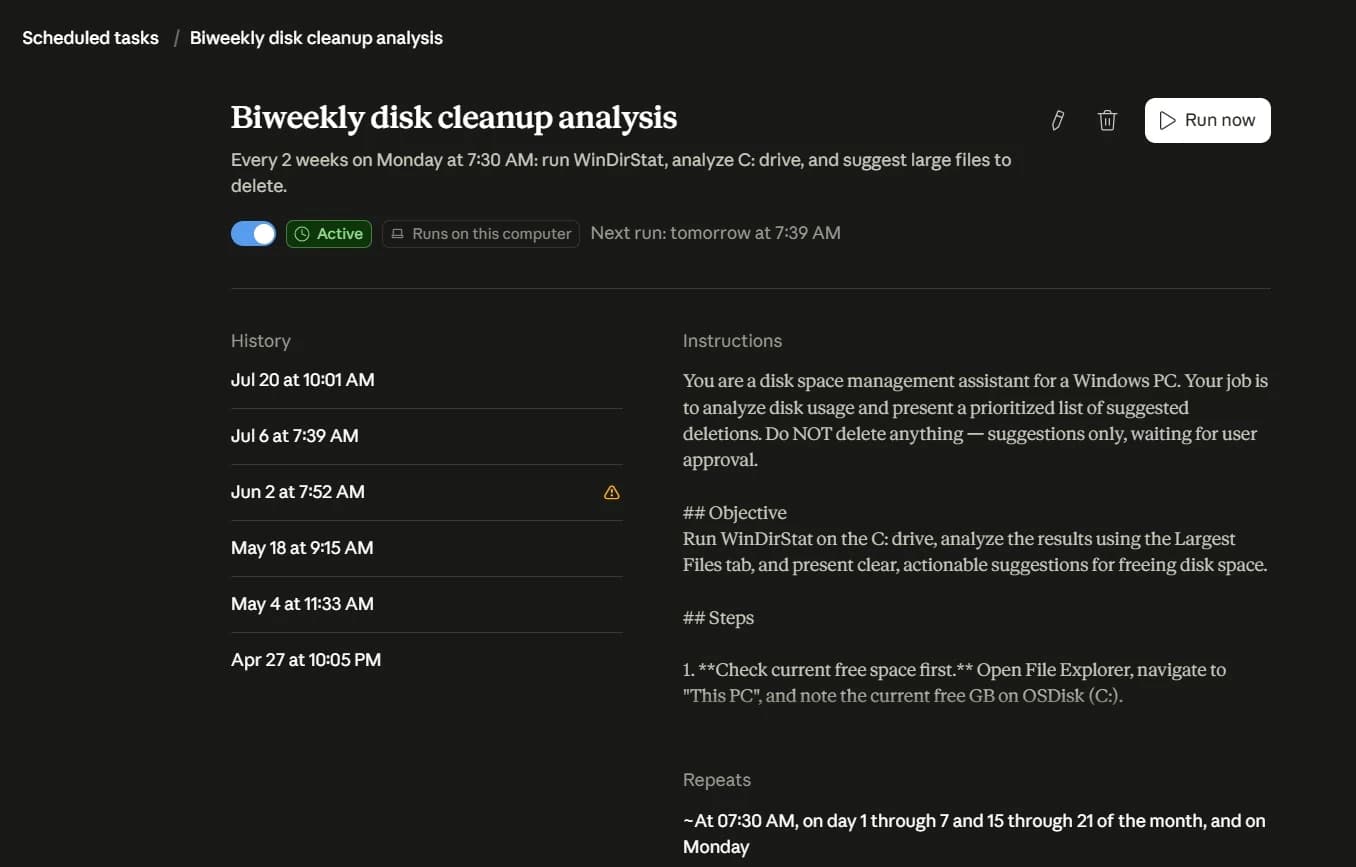 A scheduled disk cleanup agent that analyzes a Windows drive and suggests files to remove without deleting them