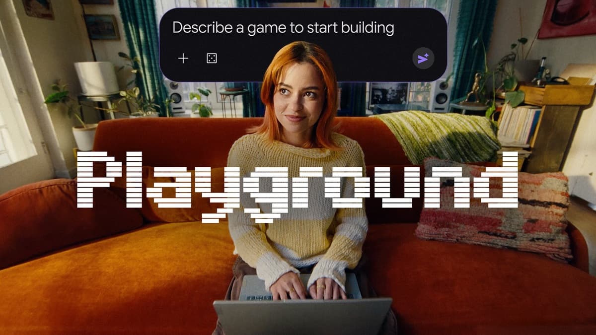 Google Playground launch image showing a person with a laptop beneath a game-building prompt