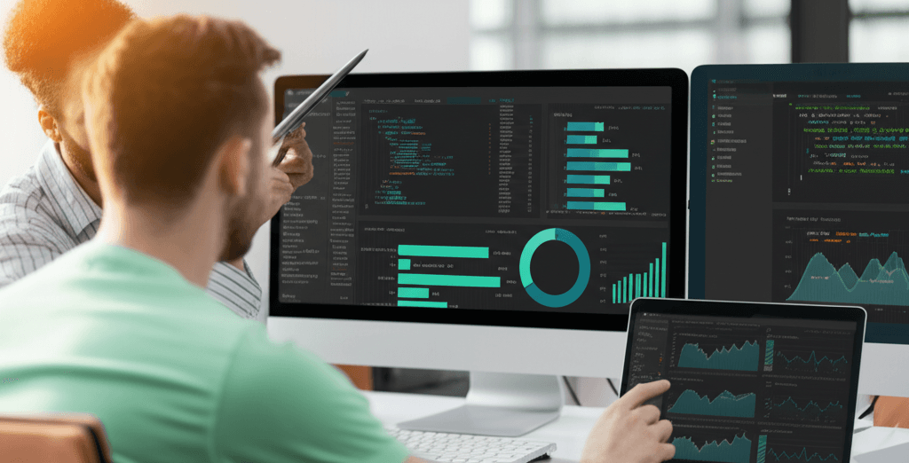 Two people working together at a multi-monitor workstation with charts and code